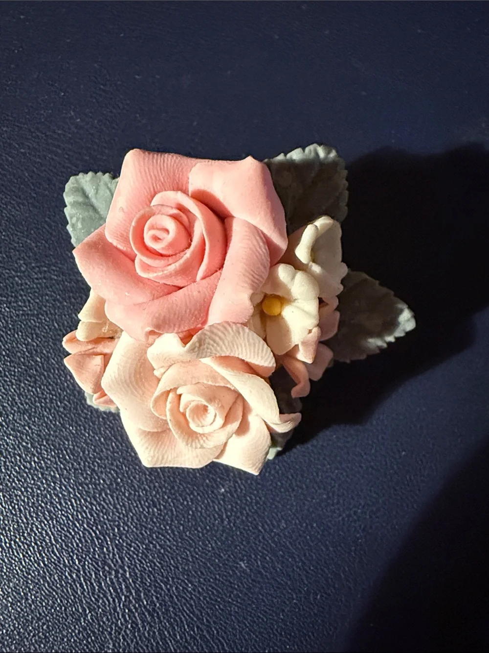 Vintage Pink and Cream Porcelain Rose Bouquet Brooch